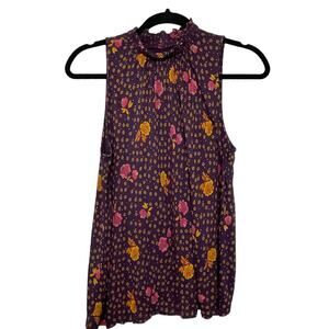 LOFT Sleeveless Blouse Top Rosebud Smocked Mock Neck Flowy‎ Purple Pink SP